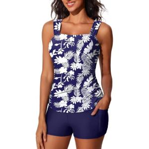 imageSummer Mae Womens Tankini Swimsuits Ruched Tummy Control Bathing Suits Two Piece Swimwear with Sporty Shorts 2025Blue and White Floral