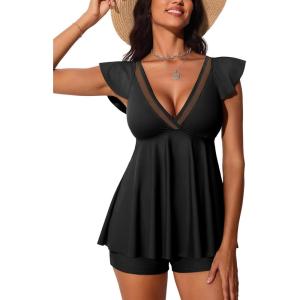 imageSummer Mae Womens VNeck Tankini Swimsuits 2025 with Ruffle Sleeves Tummy Control Boyshorts Bathing Suits with PocketsBlack