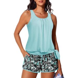 imageSummer Mae Blouson Womens Tankini Swimsuits with Shorts Tummy Control Bathing Suits Side Pockets 2025Black Background Floral