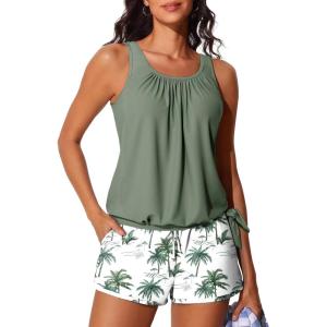 imageSummer Mae Blouson Womens Tankini Swimsuits with Shorts Tummy Control Bathing Suits Side Pockets 2025Green Shadow