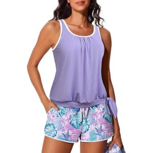 imageSummer Mae Blouson Womens Tankini Swimsuits with Shorts Tummy Control Bathing Suits Side Pockets 2025Powder Blue Floral