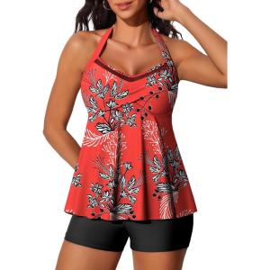 imageSummer Mae Halter Tankini Swimsuits for Women 2025 Tummy Control 2 Piece Bathing Suit High Waisted Swimwear with ShortsOrange Drawn Berries
