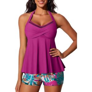 imageSummer Mae Halter Tankini Swimsuits for Women 2025 Tummy Control 2 Piece Bathing Suit High Waisted Swimwear with ShortsPink Green Leaves