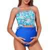 imageSummer Mae Maternity High Waist Swimsuit Ruffle Hem Bikini Bathing Suit Shirred Bandeau Two Piece Pregnancy SwimwearBlue Flowers