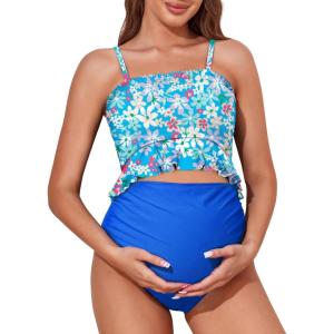 imageSummer Mae Maternity High Waist Swimsuit Ruffle Hem Bikini Bathing Suit Shirred Bandeau Two Piece Pregnancy SwimwearBlue Flowers