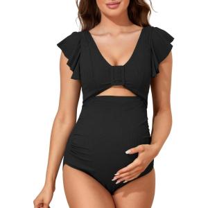imageSummer Mae Ribbed Maternity Swimsuit Cutout One Piece Ruffle Sleeve Pregnancy Bathing Suit High Waisted Swimwear Black XLarge