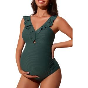 imageSummer Mae Ribbed Ruffle Maternity Swimsuit One Piece Cutout Pregnancy Bathing Suit Twist Back SwimwearBalsam Green