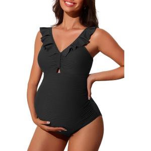 imageSummer Mae Ribbed Ruffle Maternity Swimsuit One Piece Cutout Pregnancy Bathing Suit Twist Back SwimwearBlack