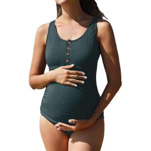 imageSummer Mae Womens Maternity Tummy Control Swimsuit Ribbed One Piece Bathing Suit Button Neck Swimwear Green Medium