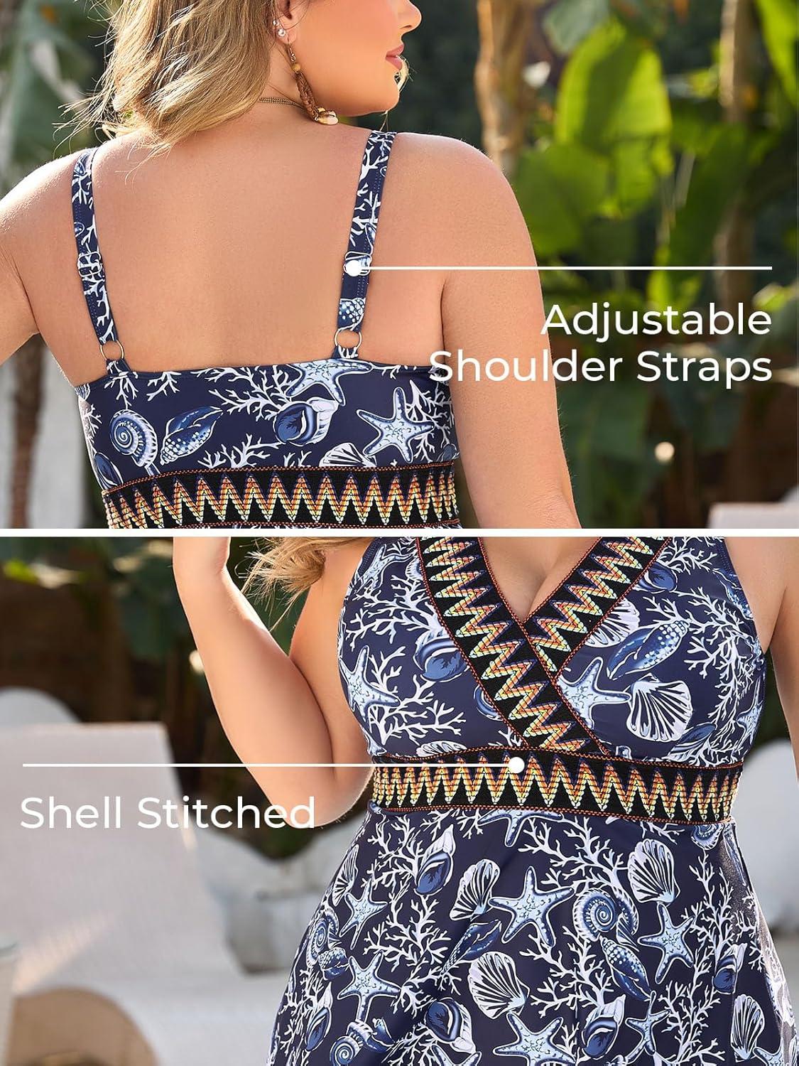 imageSummer Mae Plus Size Swimsuits for Women Two Piece Bathing Suit with Shorts Flowy Swim Dress Colorblock Tankini SwimwearBlue Marine Organism