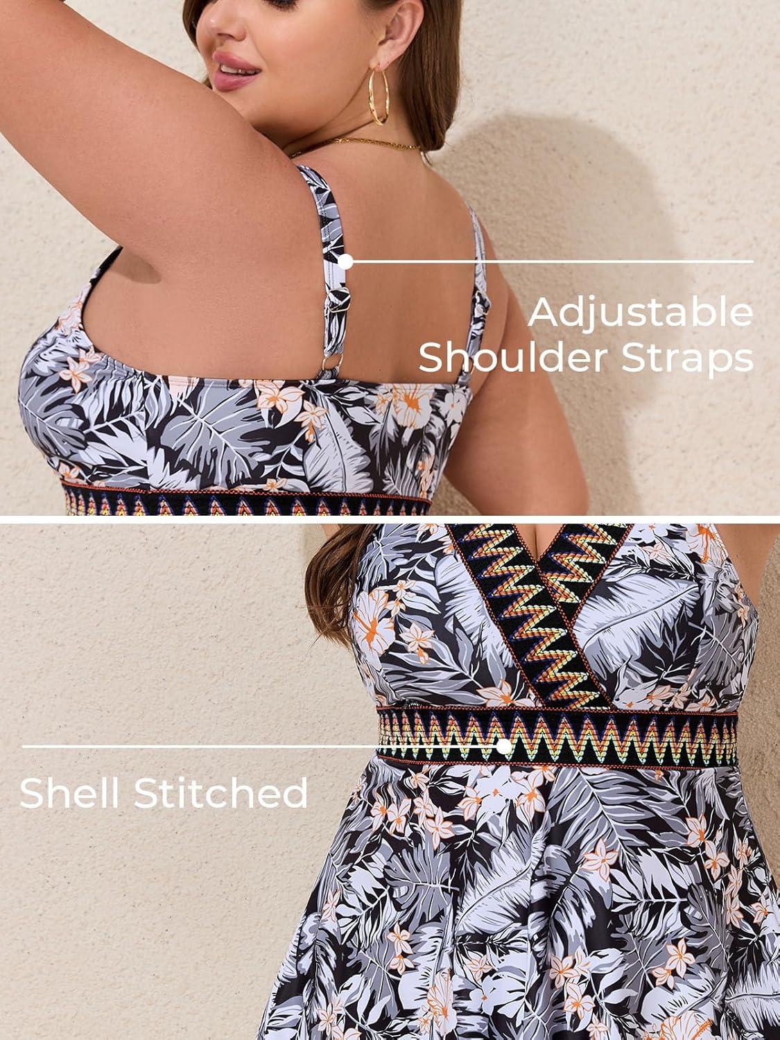 imageSummer Mae Plus Size Swimsuits for Women Two Piece Bathing Suit with Shorts Flowy Swim Dress Colorblock Tankini SwimwearGrey Flower Clusters