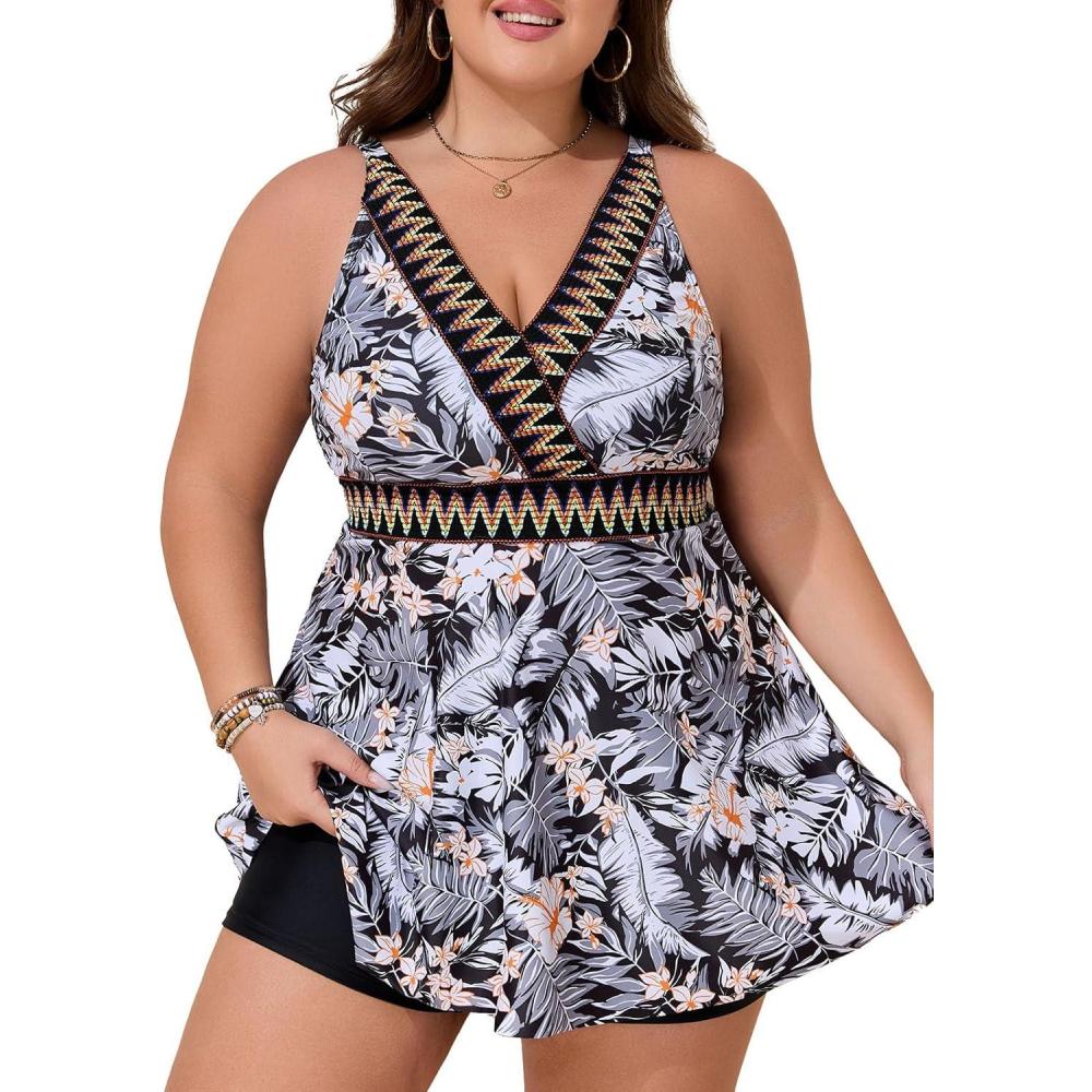 imageSummer Mae Plus Size Swimsuits for Women Two Piece Bathing Suit with Shorts Flowy Swim Dress Colorblock Tankini SwimwearGrey Flower Clusters