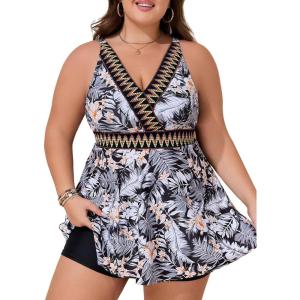 imageSummer Mae Plus Size Swimsuits for Women Two Piece Bathing Suit with Shorts Flowy Swim Dress Colorblock Tankini SwimwearGrey Flower Clusters