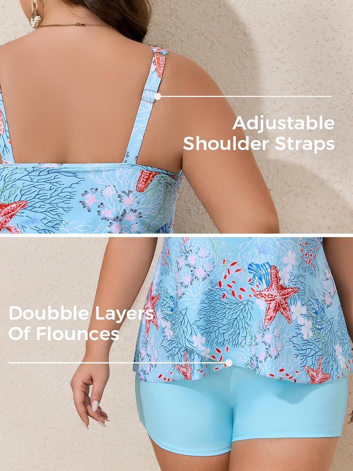 imageSummer Mae Plus Size Swimsuit Tankini for Women Two Piece Flowy Bathing Suit Ruffle Tummy Control Swimwear with ShortMarine Biology Print