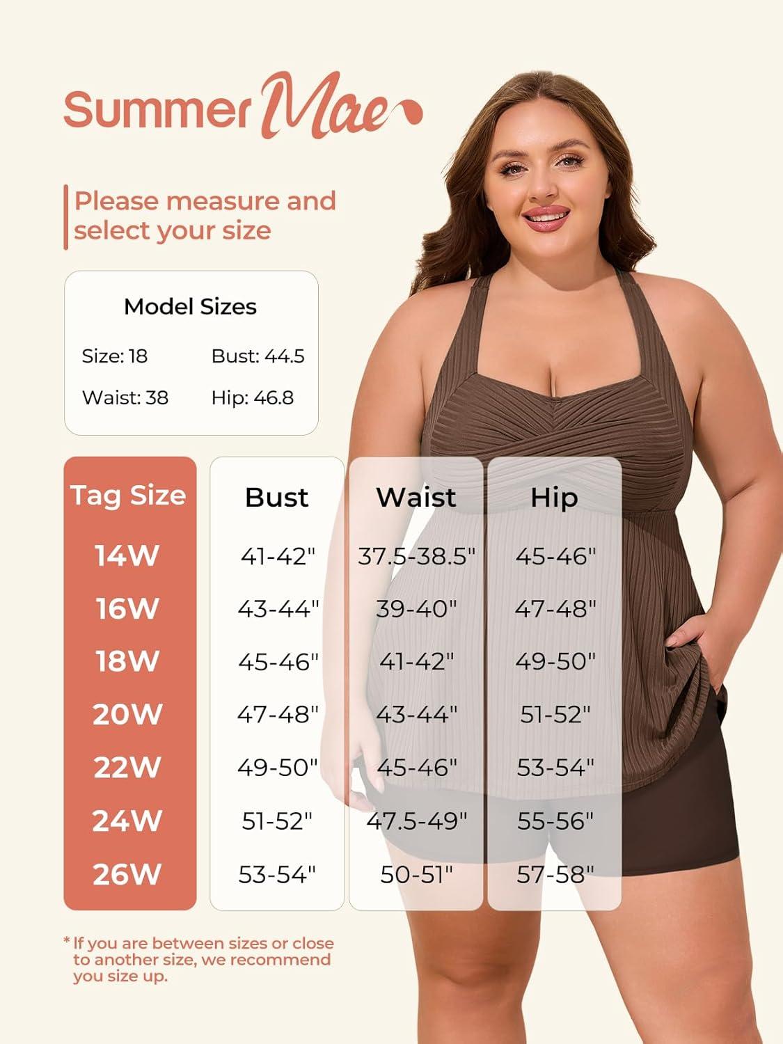 imageSummer Mae Plus Size Tankini Swimsuits for Women Two Piece Bathing Suit with Pockets Shorts Tummy Control SwimwearRibbed Coffee