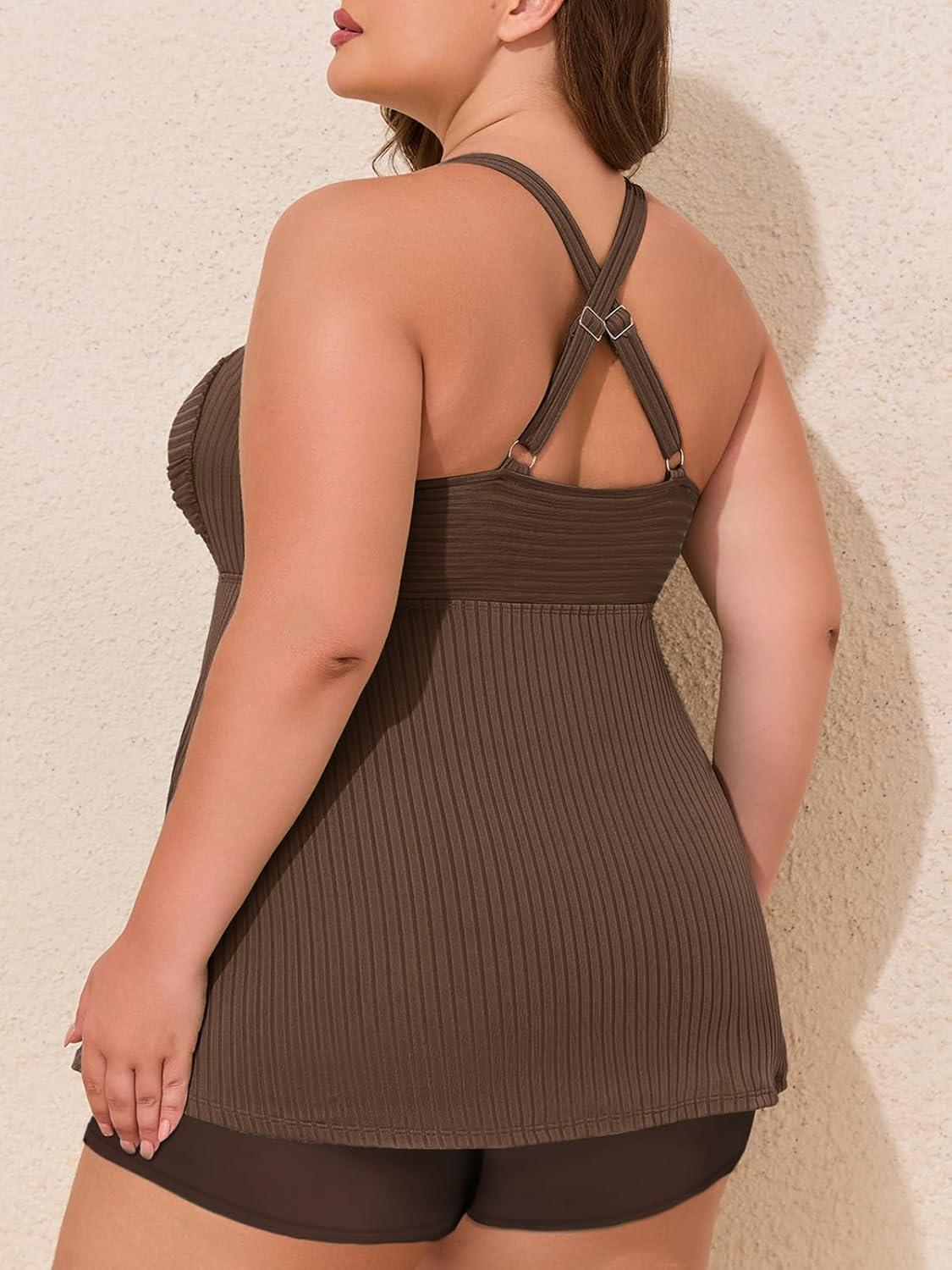 imageSummer Mae Plus Size Tankini Swimsuits for Women Two Piece Bathing Suit with Pockets Shorts Tummy Control SwimwearRibbed Coffee