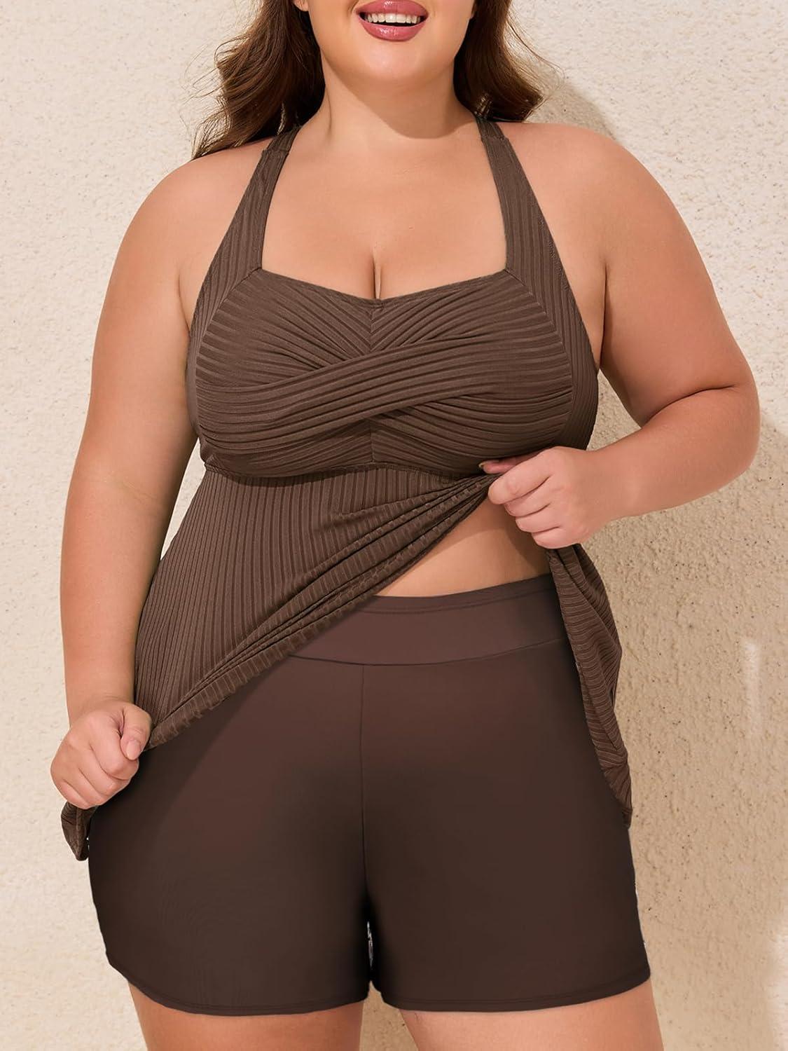 imageSummer Mae Plus Size Tankini Swimsuits for Women Two Piece Bathing Suit with Pockets Shorts Tummy Control SwimwearRibbed Coffee