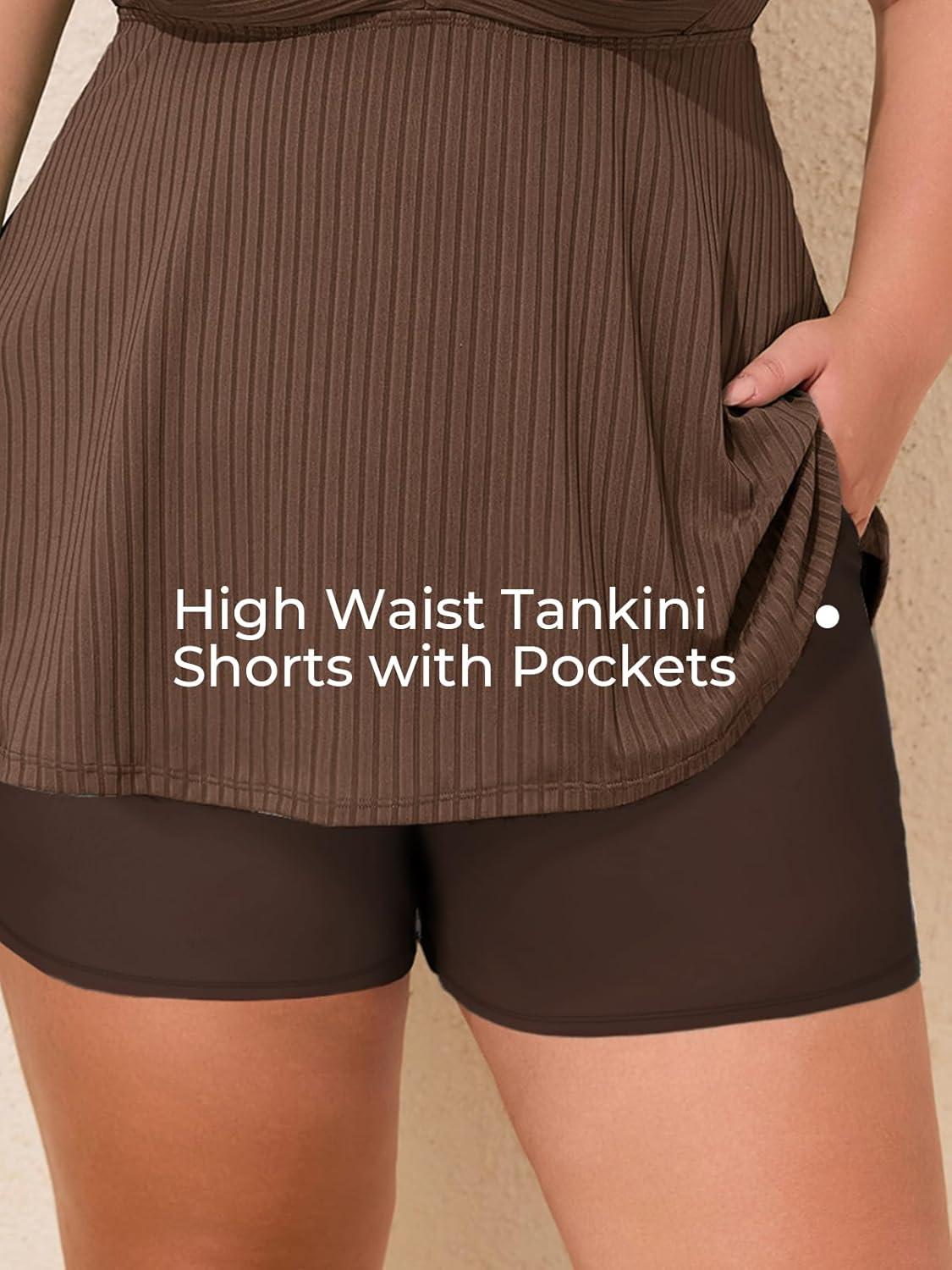 imageSummer Mae Plus Size Tankini Swimsuits for Women Two Piece Bathing Suit with Pockets Shorts Tummy Control SwimwearRibbed Coffee