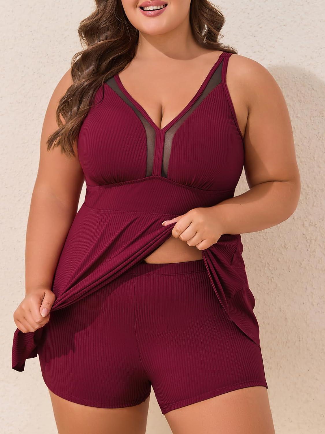 imageSummer Mae Ribbed Plus Size Swimsuit for Women Two Piece Swimdress Tummy Control Bathing Suit Flowy Skirt Modest Tankini Sky Wine Red 22 Plus