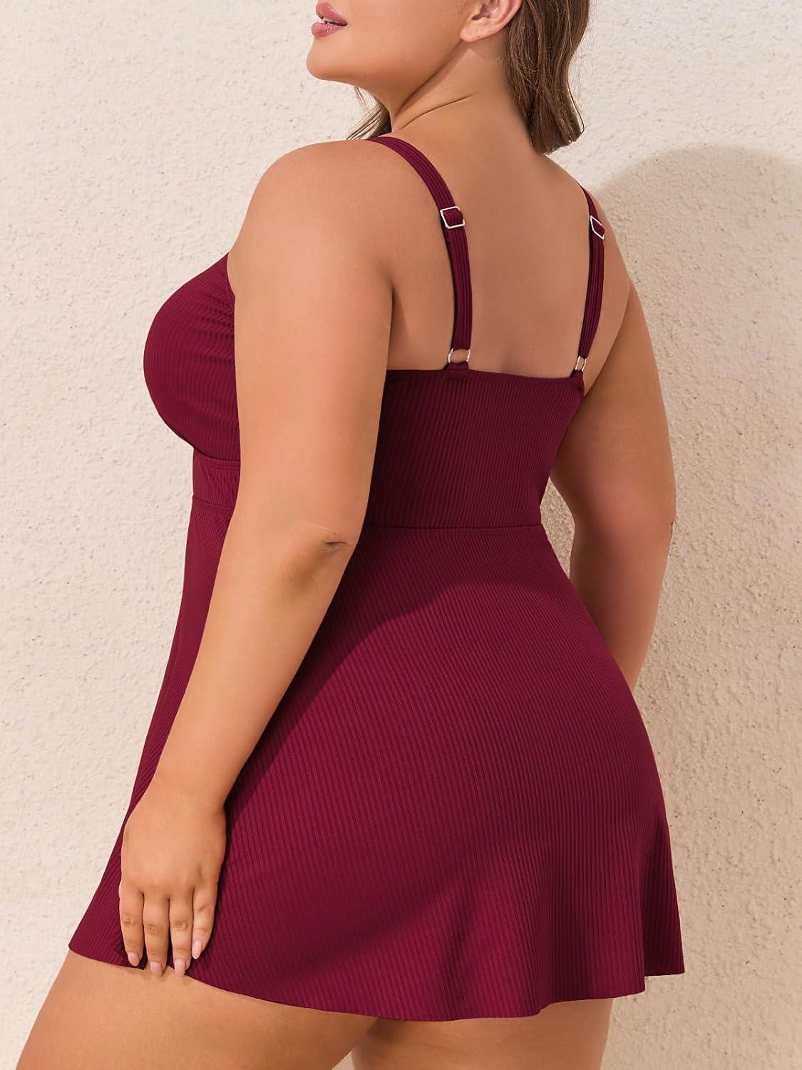 imageSummer Mae Ribbed Plus Size Swimsuit for Women Two Piece Swimdress Tummy Control Bathing Suit Flowy Skirt Modest Tankini Sky Wine Red 22 Plus