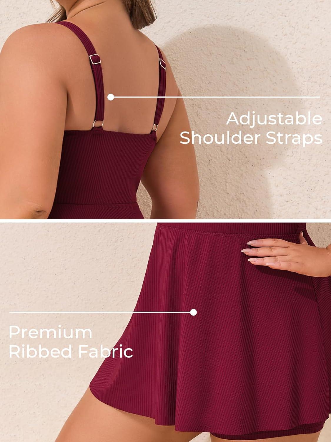 imageSummer Mae Ribbed Plus Size Swimsuit for Women Two Piece Swimdress Tummy Control Bathing Suit Flowy Skirt Modest Tankini Sky Wine Red 22 Plus