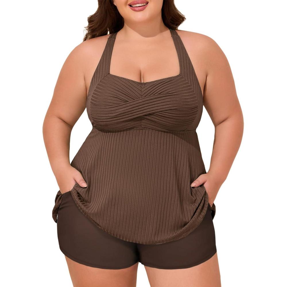imageSummer Mae Plus Size Tankini Swimsuits for Women Two Piece Bathing Suit with Pockets Shorts Tummy Control SwimwearRibbed Coffee