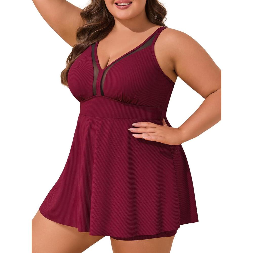 imageSummer Mae Ribbed Plus Size Swimsuit for Women Two Piece Swimdress Tummy Control Bathing Suit Flowy Skirt Modest Tankini Sky Wine Red 22 Plus