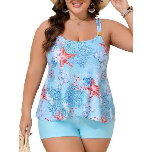 imageSummer Mae Plus Size Swimsuit Tankini for Women Two Piece Flowy Bathing Suit Ruffle Tummy Control Swimwear with ShortMarine Biology Print