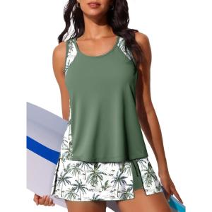 imageSummer Mae Blouson Tankini Swimsuits for Women Modest Tummy Coverage Bathing Suits with Skirt and Builtin ShortsSandy Shore Palms
