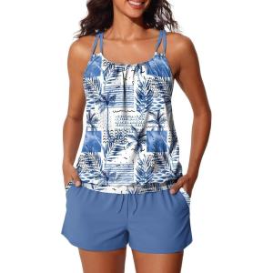 imageSummer Mae Blouson Tankini Swimsuits for Women Two Piece Tummy Control Bathing Suits Modest Swimwear with Sporty Shorts 2025Blue Patching Coconut Tree