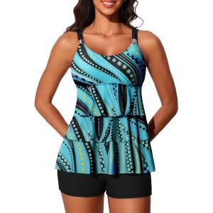 imageSummer Mae Womens Tankini Swimsuits with Shorts Ruffled Tummy Control Bathing Suits Modest 2025 SwimwearFlowing Ripples
