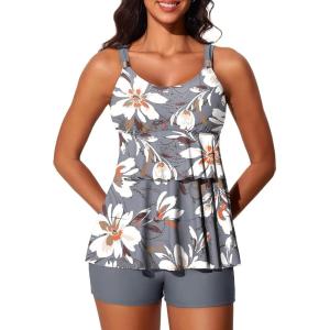 imageSummer Mae Womens Tankini Swimsuits with Shorts Ruffled Tummy Control Bathing Suits Modest 2025 SwimwearMisty White Blossoms