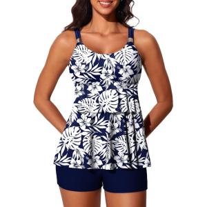imageSummer Mae Womens Tankini Swimsuits with Shorts Ruffled Tummy Control Bathing Suits Modest 2025 SwimwearMonstera Leaf Silhouette
