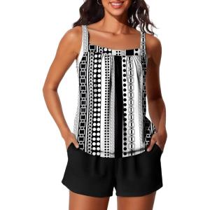 imageSummer Mae Blouson Womens Tankini Swimsuits Modest Tummy Coverage Bathing Suits Swim Shorts with PocketsChainlink Dot Print