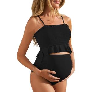 imageSummer Mae Maternity High Waist Swimsuit Ruffle Hem Bikini Bathing Suit Shirred Bandeau Two Piece Pregnancy SwimwearBlack
