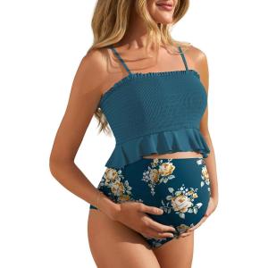 imageSummer Mae Maternity High Waist Swimsuit Ruffle Hem Bikini Bathing Suit Shirred Bandeau Two Piece Pregnancy SwimwearGreen Flower