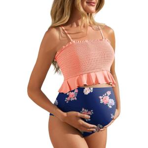 imageSummer Mae Maternity High Waist Swimsuit Ruffle Hem Bikini Bathing Suit Shirred Bandeau Two Piece Pregnancy SwimwearOrange Flower