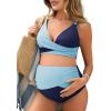 imageSummer Mae Maternity Bikini Swimsuit Color Block Two Piece Criss Cross V Neck Bathing Suit High Waist Pregnancy SwimwearBlue