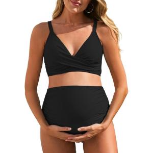 imageSummer Mae Maternity Bikini Swimsuit Color Block Two Piece Criss Cross V Neck Bathing Suit High Waist Pregnancy SwimwearBlack