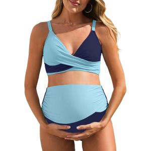 imageSummer Mae Maternity Bikini Swimsuit Color Block Two Piece Criss Cross V Neck Bathing Suit High Waist Pregnancy SwimwearBlue