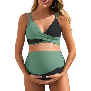 imageSummer Mae Maternity Bikini Swimsuit Color Block Two Piece Criss Cross V Neck Bathing Suit High Waist Pregnancy SwimwearGreen