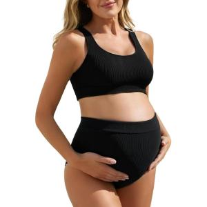 imageSummer Mae Seamless Maternity Bikini Swimsuit One Size Fits SXL Two Piece Bathing Suit Ribbed High Waist Pregnancy SwimwearBlack