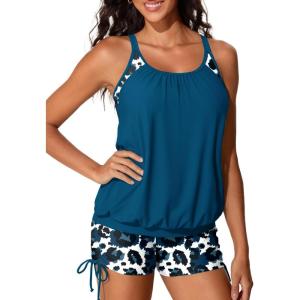 imageSummer Mae Blouson Tankini Swimsutis for Women 2026 Modest Tummy Control Bathing Suits Lace Hollow Out SwimwearBlue Leopard Print