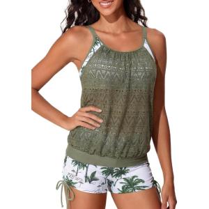 imageSummer Mae Blouson Tankini Swimsutis for Women 2026 Modest Tummy Control Bathing Suits Lace Hollow Out SwimwearGreen Shadow