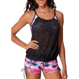 imageSummer Mae Blouson Tankini Swimsutis for Women 2026 Modest Tummy Control Bathing Suits Lace Hollow Out SwimwearNeon Coconut Tree