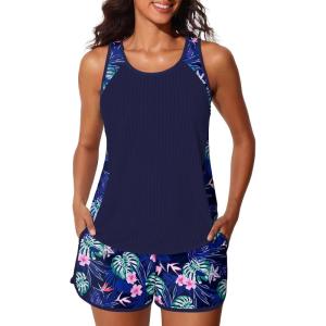 imageSummer Mae Modest Tankini Swimsuits for Women 2025 Textured Ribbed Bathing Suits Tummy Control Swim Shorts with PocketsMonstera Leaf Pattern