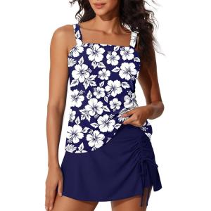 imageSummer Mae Womens Tankini Swimsuits with Skirt Two Piece Tummy Control Bathing Suits Printed Swimdress Swimwear 2026Hibiscus in White