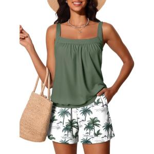 imageSummer Mae Blouson Womens Tankini Swimsuits 2026 Modest Tummy Control Bathing Suits Swim Shorts with Pockets for BeachGreen Shadow