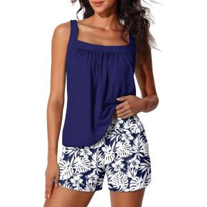 imageSummer Mae Blouson Womens Tankini Swimsuits 2026 Modest Tummy Control Bathing Suits Swim Shorts with Pockets for BeachMonstera Leaf Silhouette