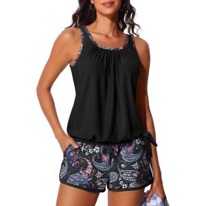 imageSummer Mae Blouson Womens Tankini Swimsuits with Shorts Tummy Control Bathing Suits Side Pockets 2026Black Paisley